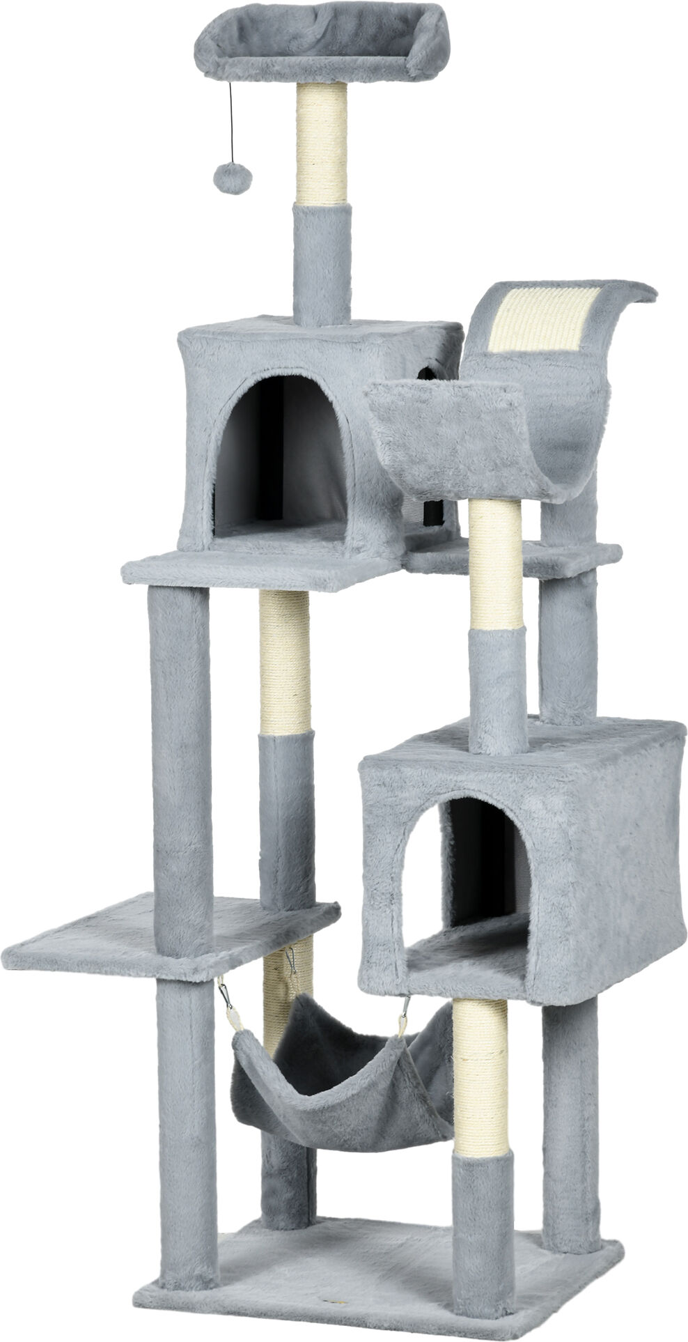 Pawhut Albero per Gatti con Amaca, Lettino e 2 Casette, in Truciolato e Peluche, 55x49x177 cm, Grigio e Bianco