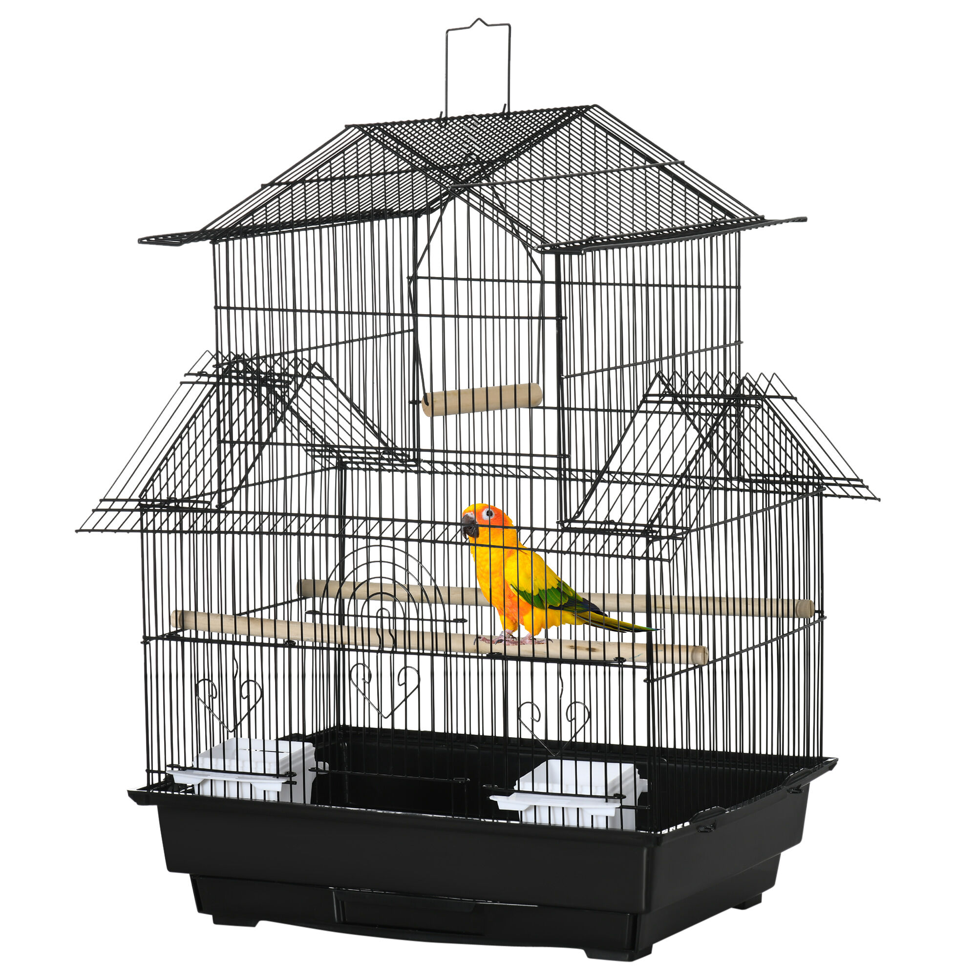 Pawhut Gabbia per Uccelli con Maniglia di Trasporto e Vassoio Estraibile, in Metallo e Plastica, 50.5x41x63 cm, Nero