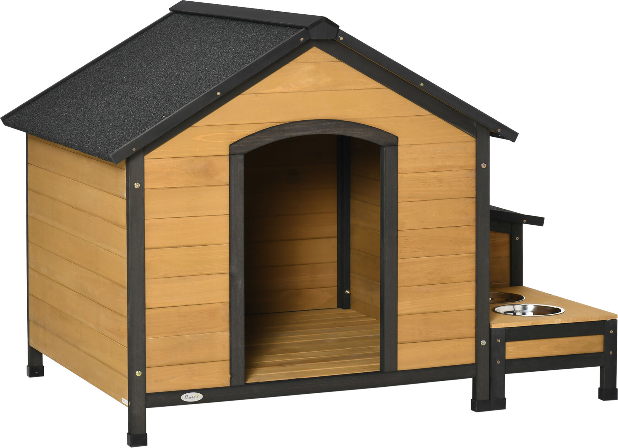 Pawhut Cuccia per Cani Taglia Media in Legno di Abete con 2 Porta Ciotole, Box per Riporre e Tetto in Bitume, 130x93x92cm, Color Legno e Nera