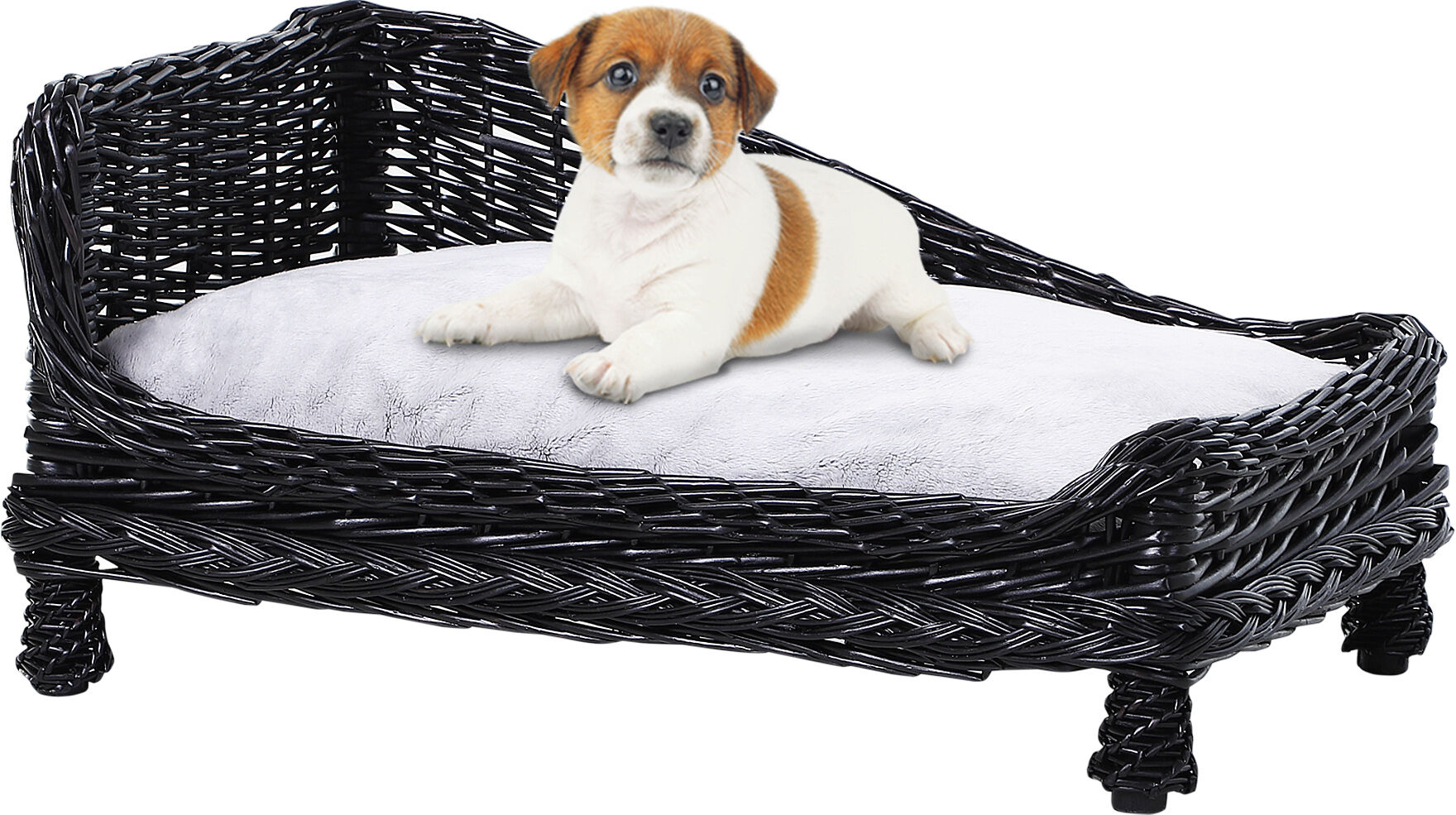 Pawhut Cuccia per Animali Domestici Chaise Longue in Vimini Nero con Cuscino in Pile Bianco 69x42x33cm