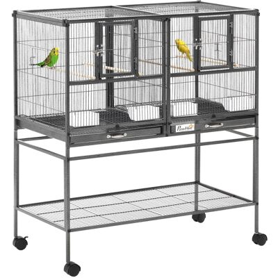 Pawhut Gabbia per Uccelli 95x45.5x102cm Doppia con Vassoi Estraibili, Ruote e Ripiano Aperto, in Metallo, Nero Grigio Aosom Pawhut Gabbia per Uccelli 95x45.5x102cm Doppia con Vassoi Estraibili, Ruote e Ripiano Aperto, in Metallo, Nero Grigio Aosom