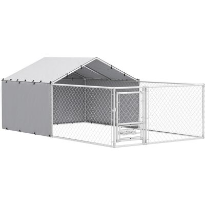 Pawhut Recinto per Cani con Coperture e Ciotole Girevoli, in Acciaio e tessuto Oxford, 4x2.3x1.5 m, Argento Pawhut Recinto per Cani con Coperture e Ciotole Girevoli, in Acciaio e tessuto Oxford, 4x2.3x1.5 m, Argento