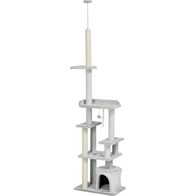 Pawhut Albero Tiragraffi per Gatti a Soffitto con Piattaforme e Casetta, 60x40x225-255cm, Grigio Aosom Pawhut Albero Tiragraffi per Gatti a Soffitto con Piattaforme e Casetta, 60x40x225-255cm, Grigio Aosom