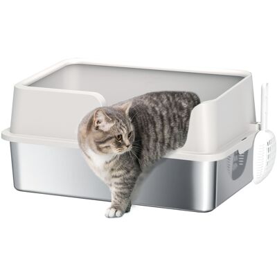 Pawhut Lettiera per Gatti con Bordi Rialzati, Vassoio e Paletta, in Acciaio Inox e PP, 60x40x28 cm, Grigio Chiaro Aosom Italy Pawhut Lettiera per Gatti con Bordi Rialzati, Vassoio e Paletta, in Acciaio Inox e PP, 60x40x28 cm, Grigio Chiaro Aosom Italy
