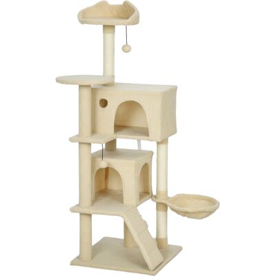 Pawhut Tiragraffi per Gatti 140 cm con Piattaforme Letto, 2 Casette, Amaca, Scala e Pali in Sisal, Beige Aosom Italy Pawhut Tiragraffi per Gatti 140 cm con Piattaforme Letto, 2 Casette, Amaca, Scala e Pali in Sisal, Beige Aosom Italy