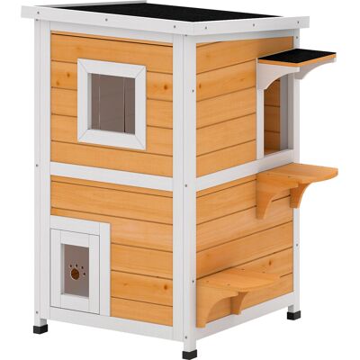 Pawhut Casetta per gatti in legno da esterno a 2 livelli con tetto ribaltabile pannello centrale rimovibile 51x51x81,3 cm naturale Aosom Italy Pawhut Casetta per gatti in legno da esterno a 2 livelli con tetto ribaltabile pannello centrale rimovibile 51x51x81,3 cm naturale Aosom Italy