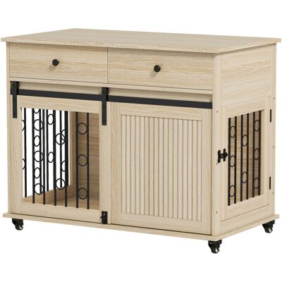 Pawhut Gabbia per cani su ruote con 2 porte e 2 cassetti, in legno e acciaio, 100x56x81 cm, Rovere Aosom Italy Pawhut Gabbia per cani su ruote con 2 porte e 2 cassetti, in legno e acciaio, 100x56x81 cm, Rovere Aosom Italy