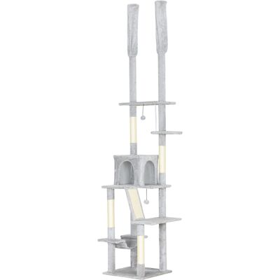 Pawhut Albero Tiragraffi a Soffitto con Altezza Regolabile 225-255 cm con Casetta e Amaca, Grigio Chiaro Aosom Italy Pawhut Albero Tiragraffi a Soffitto con Altezza Regolabile 225-255 cm con Casetta e Amaca, Grigio Chiaro Aosom Italy
