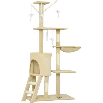 Pawhut Torre per Gatti con Casetta, Trespolo, Piattaforme e 4 Topolini Appesi, 60x35x134 cm, Beige Aosom Italy Pawhut Torre per Gatti con Casetta, Trespolo, Piattaforme e 4 Topolini Appesi, 60x35x134 cm, Beige Aosom Italy