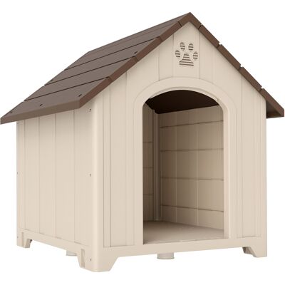 Pawhut Cuccia per Cani Rialzata con Tetto Inclinato e Prese d'Aria, in PP, 102x94x103 cm, Beige e Marrone Scuro Aosom Italy Pawhut Cuccia per Cani Rialzata con Tetto Inclinato e Prese d'Aria, in PP, 102x94x103 cm, Beige e Marrone Scuro Aosom Italy