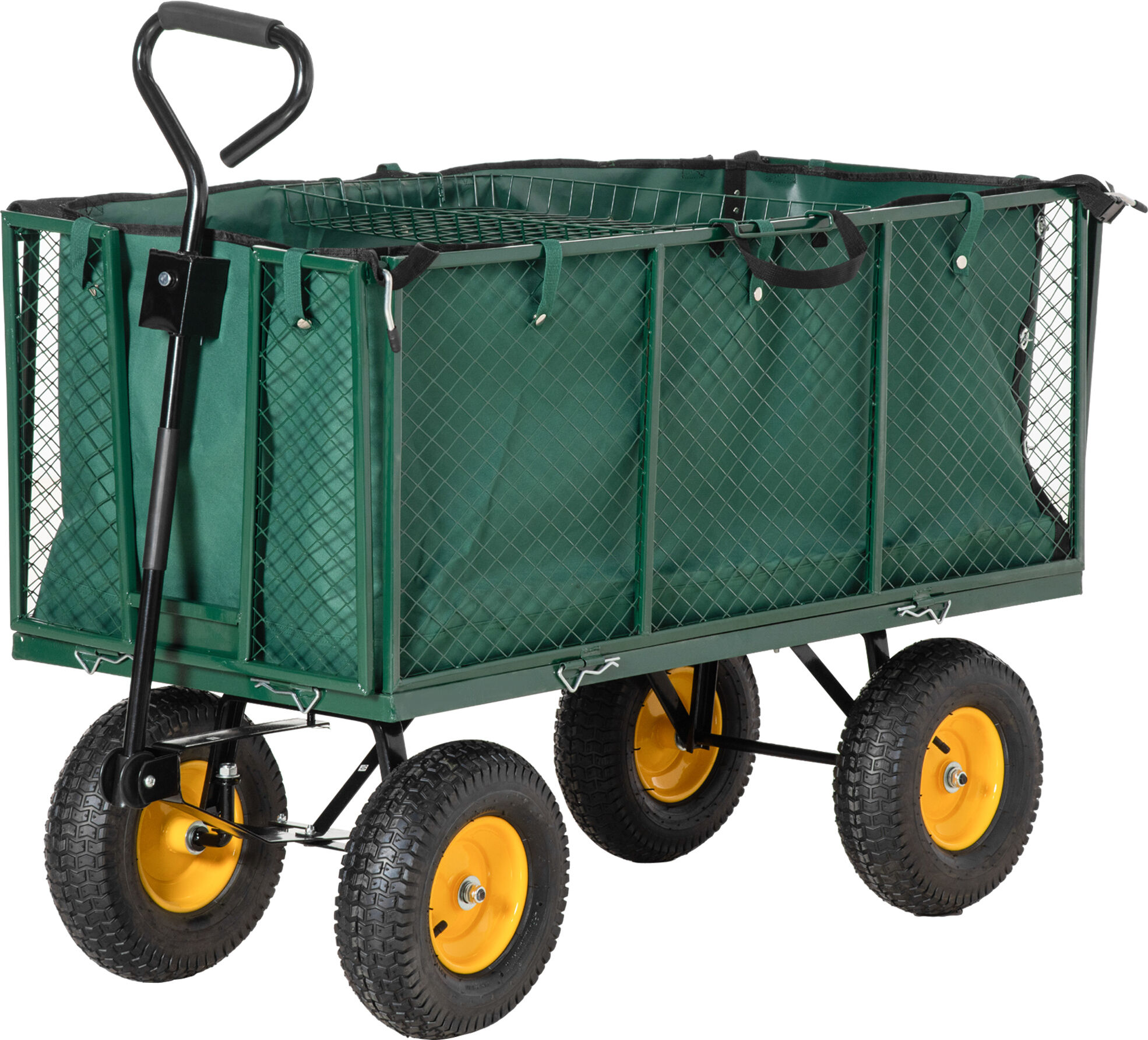 Outsunny Carrello da Giardino 342L con Maniglia Pareti Laterali Ribaltabili e 4 Ruote, 138x57x84cm, Verde