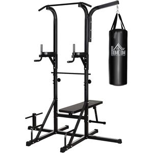 Homcom Power Tower con Panca e Sacco da Boxe di 20kg, Stazione Multiuso in Acciaio Nero per Allenamento Total Body