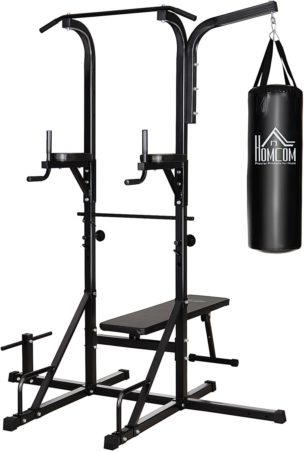 Homcom Power Tower con Panca e Sacco da Boxe di 20kg, Stazione Multiuso in Acciaio Nero per Allenamento Total Body