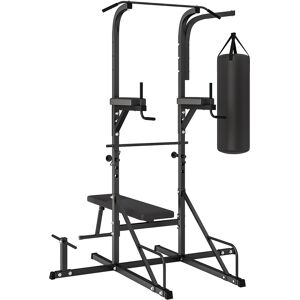 Homcom Power Tower con Panca e Sacco da Boxe di 20kg, Stazione Multiuso in Acciaio Nero per Allenamento Total Body Homcom Power Tower con Panca e Sacco da Boxe di 20kg, Stazione Multiuso in Acciaio Nero per Allenamento Total Body