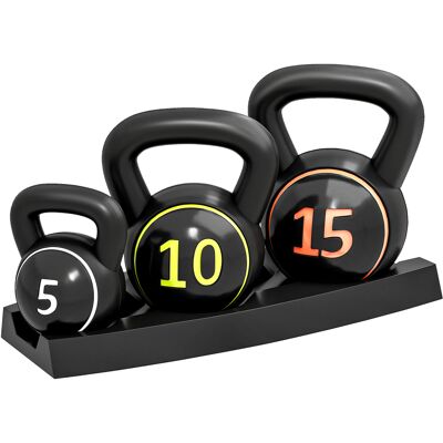 Sportnow Set 3 Kettlebell da 2.2 kg, 4.5 kg e 6.8 kg con Base Piatta e Portapesi, in Plastica e Sabbia, Nero Aosom Italy Sportnow Set 3 Kettlebell da 2.2 kg, 4.5 kg e 6.8 kg con Base Piatta e Portapesi, in Plastica e Sabbia, Nero Aosom Italy