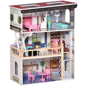 Homcom Casa delle Bambole in Legno a 3 Piani con Ascensore, Scala e 13 Accessori per Bambini 3-6 Anni, 60x30x80cm, Rosa