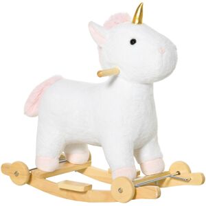 Homcom Cavallo a Dondolo a Unicorno con Base Curva e Ruote, Giocattolo Cavalcabile 2 in 1, Suoni Integrati e Rivestimento Peluche, 63x38x63cm, Bianco