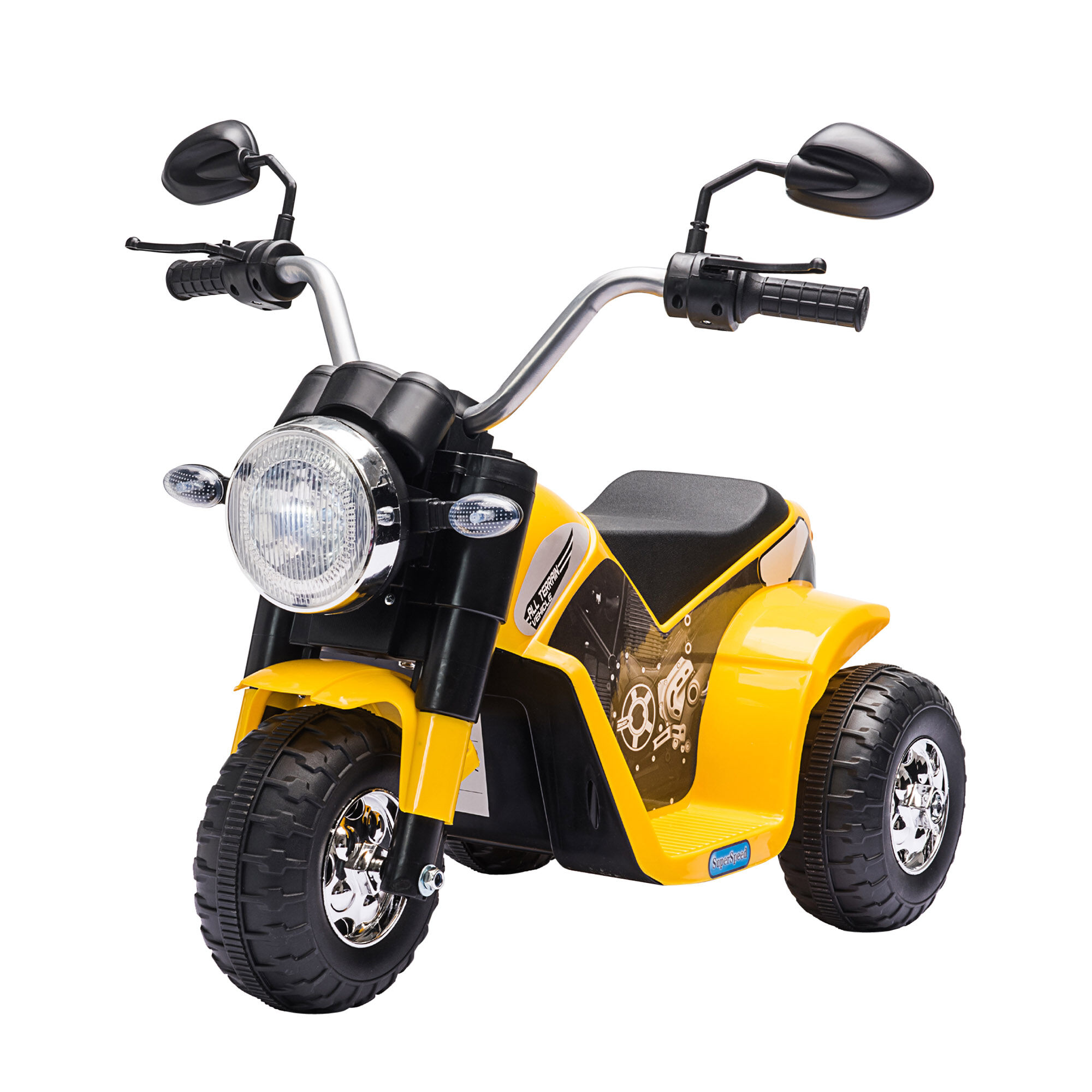 homcom moto elettrica per bambini a 3 ruote con luci e suoni, batteria ricaricabile 6v, velocità 2 km/h, per bimbi da 18-36 mesi, gialla