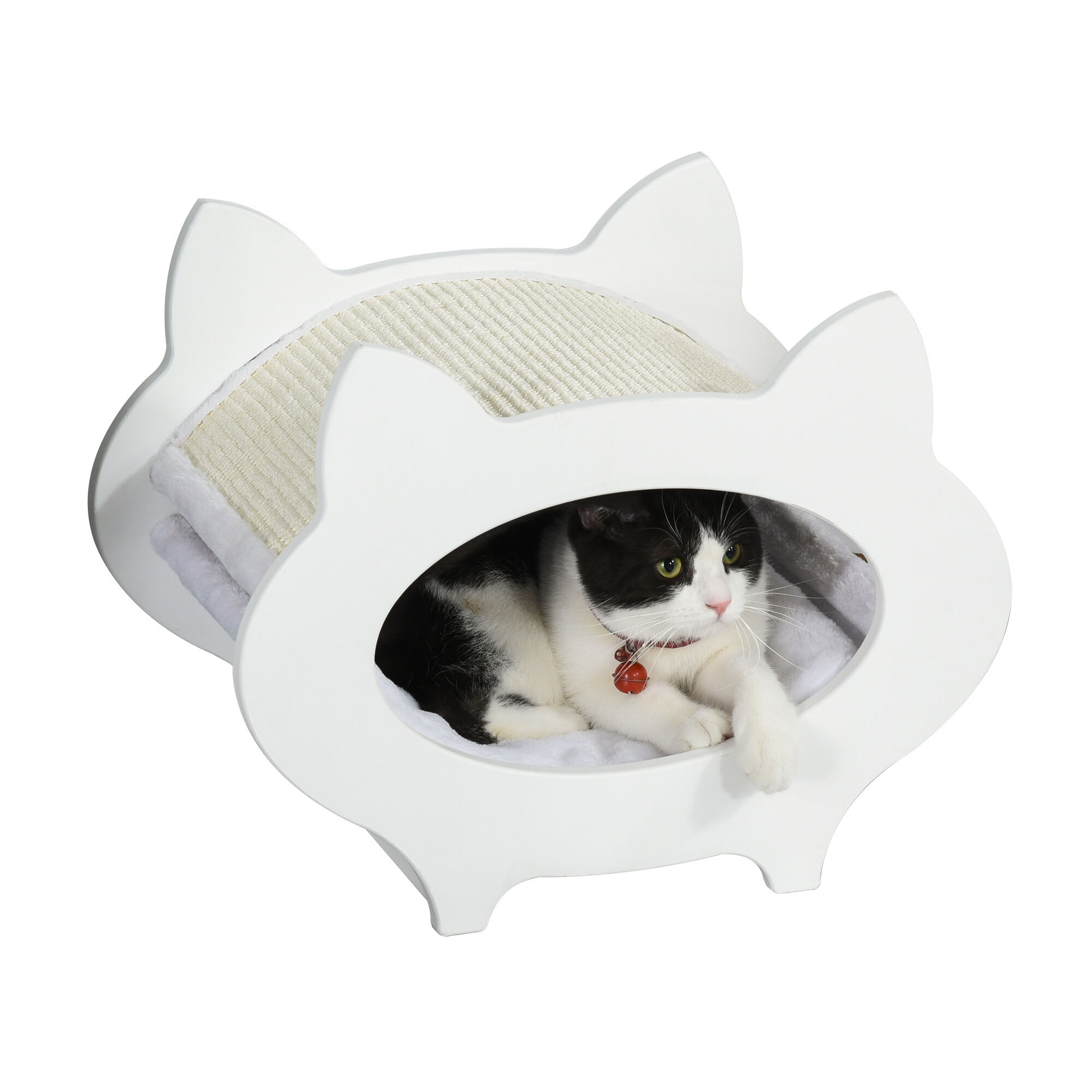 pawhut casetta cuccia per gatti in legno con tiragraffi in sisal, cuscino e rivestimento in peluche, bianco