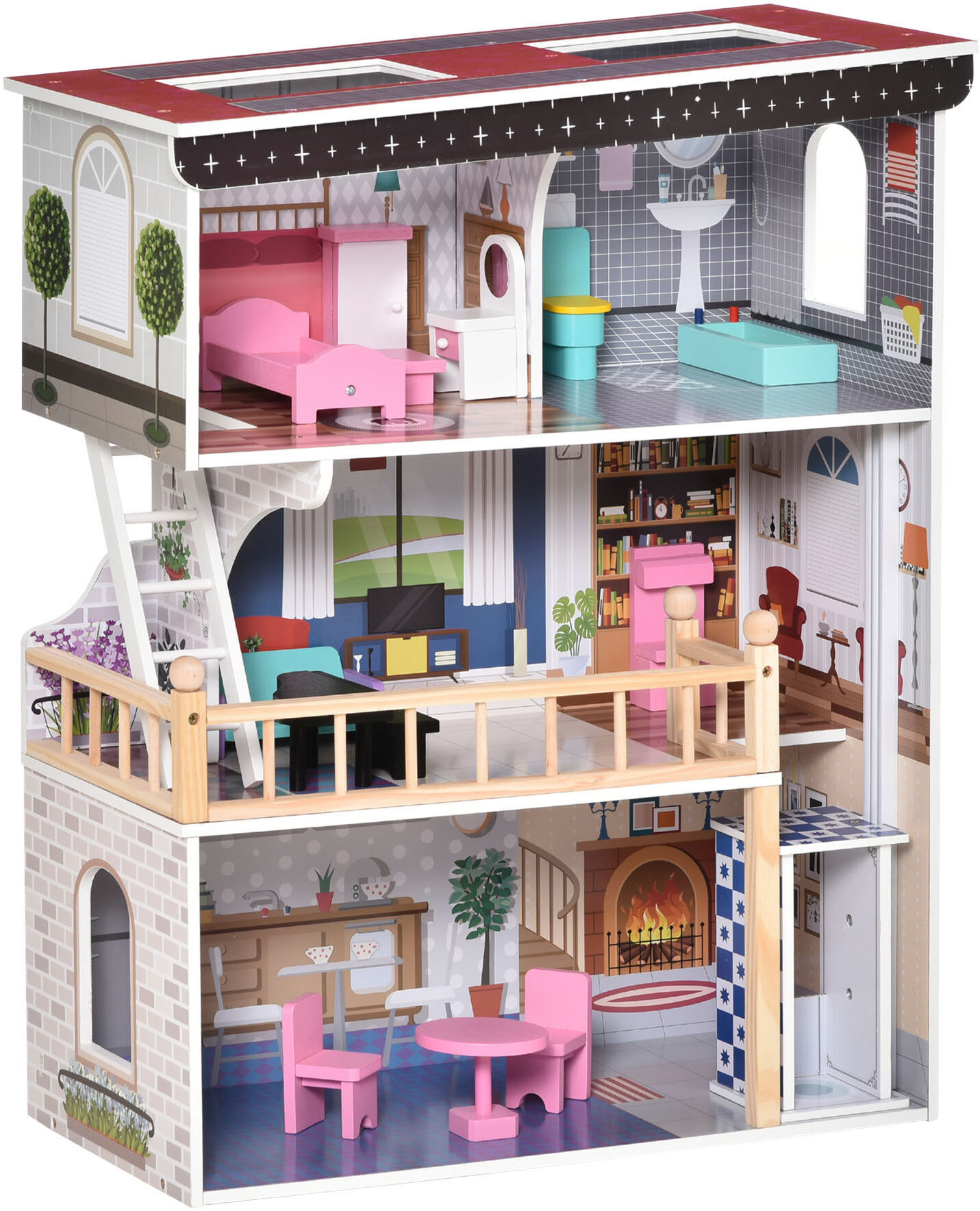 Homcom Casa delle Bambole in Legno a 3 Piani con Ascensore, Scala e 13 Accessori per Bambini 3-6 Anni, 60x30x80cm, Rosa