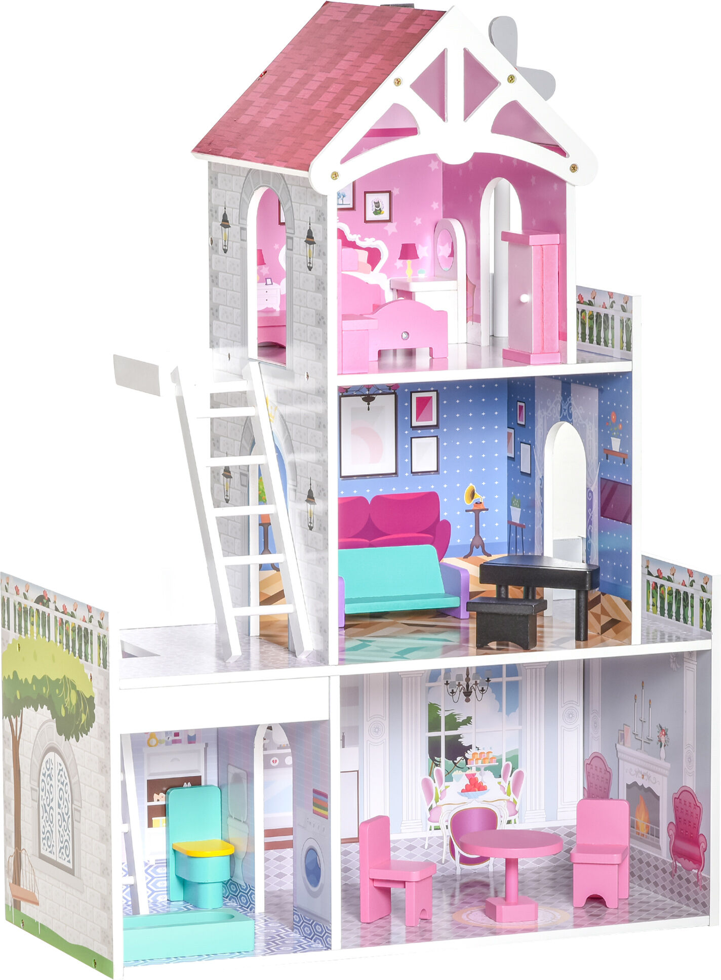 Homcom Casa delle Bambole in Legno a 3 Piani con Scale e Accessori, Struttura in MDF, per Bambini 3-6 Anni, 60x29x85cm, Rosa