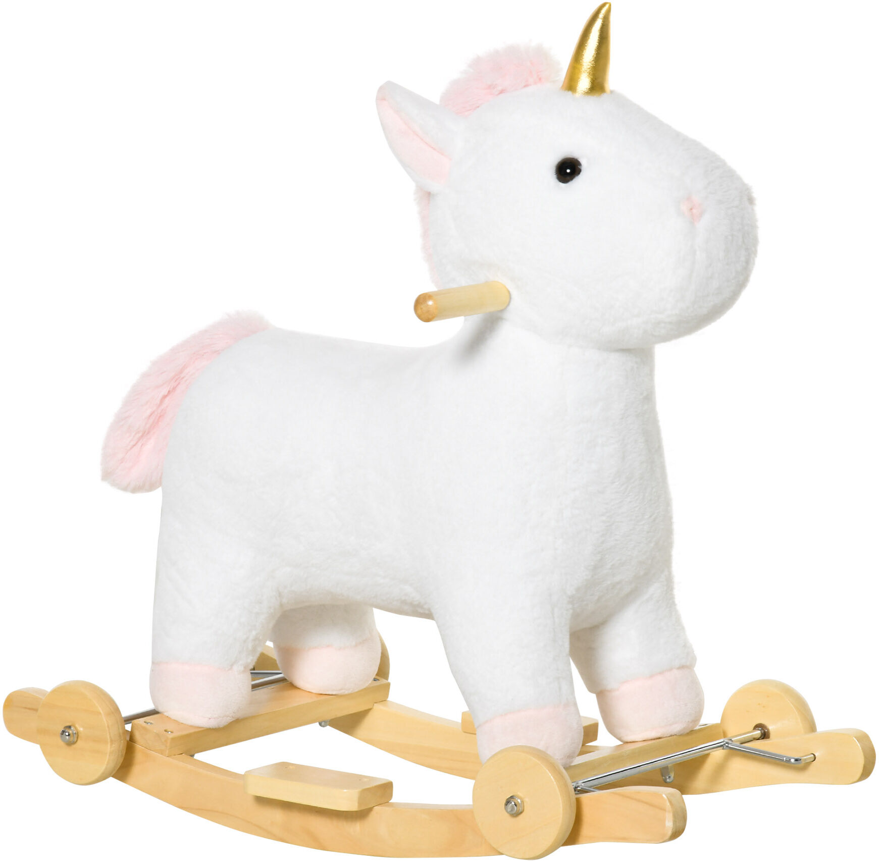 Homcom Cavallo a Dondolo a Unicorno con Base Curva e Ruote, Giocattolo Cavalcabile 2 in 1, Suoni Integrati e Rivestimento Peluche, 63x38x63cm, Bianco