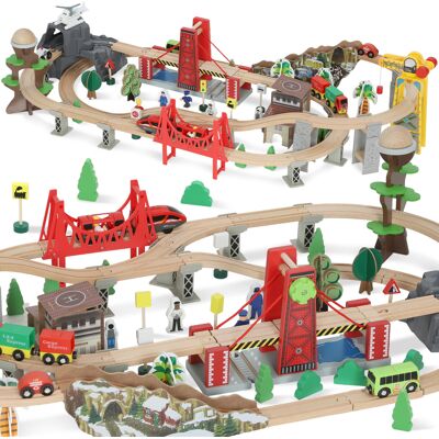 Aiyaplay Set Ferroviario in Legno, 100 Pezzi per Bambini 3+ Anni con Gru Magnetica, Treni, Ponte, Elicottero Aosom Italy Aiyaplay Set Ferroviario in Legno, 100 Pezzi per Bambini 3+ Anni con Gru Magnetica, Treni, Ponte, Elicottero Aosom Italy