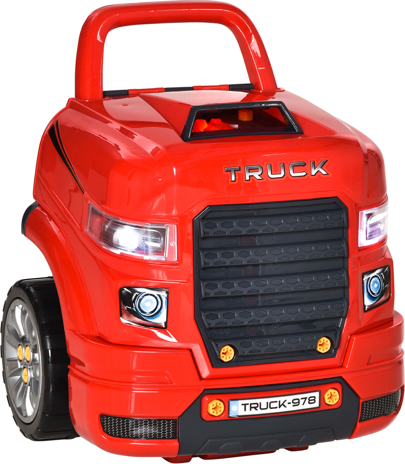 Homcom Officina Camion Giocattolo con Motore e 61 Accessori per Bambini 3-5 Anni, Ruote e Maniglia, 40x39x47cm, Rosso