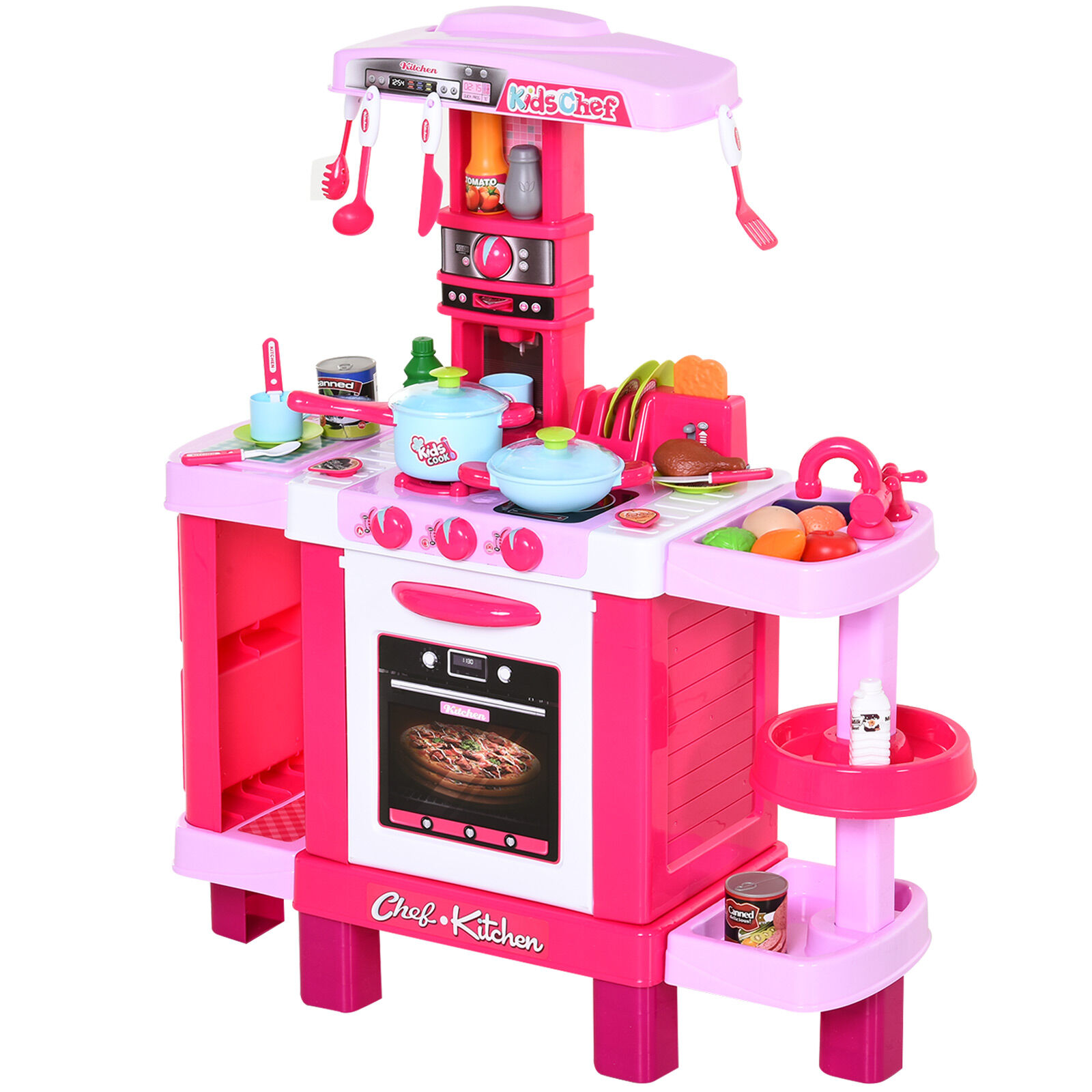 Homcom Cucina Giocattolo per Bambini con 38 Accessori Inclusi, Gioco con Luci e Suoni Realistici, 78x29x87cm, Rosa