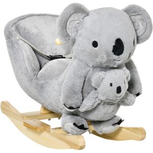 Homcom Cavallo a Dondolo Koala con Suoni, Cavalluccio a Dondolo per Bambini 18-36 Mesi in Peluche Grigio e Legno, 60x33x50cm