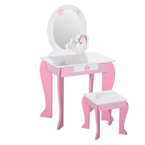 Homcom Specchiera Giocattolo Toeletta con Cassetto e Sgabello in Legno, Giochi per Bambine 3-8 Anni Rosa e Bianco