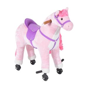 Homcom Cavallo a Dondolo per Bambini 3+ Anni con 4 Rotelle, Suoni Realistici e Poggiapiedi, 65x28x75 cm, Rosa