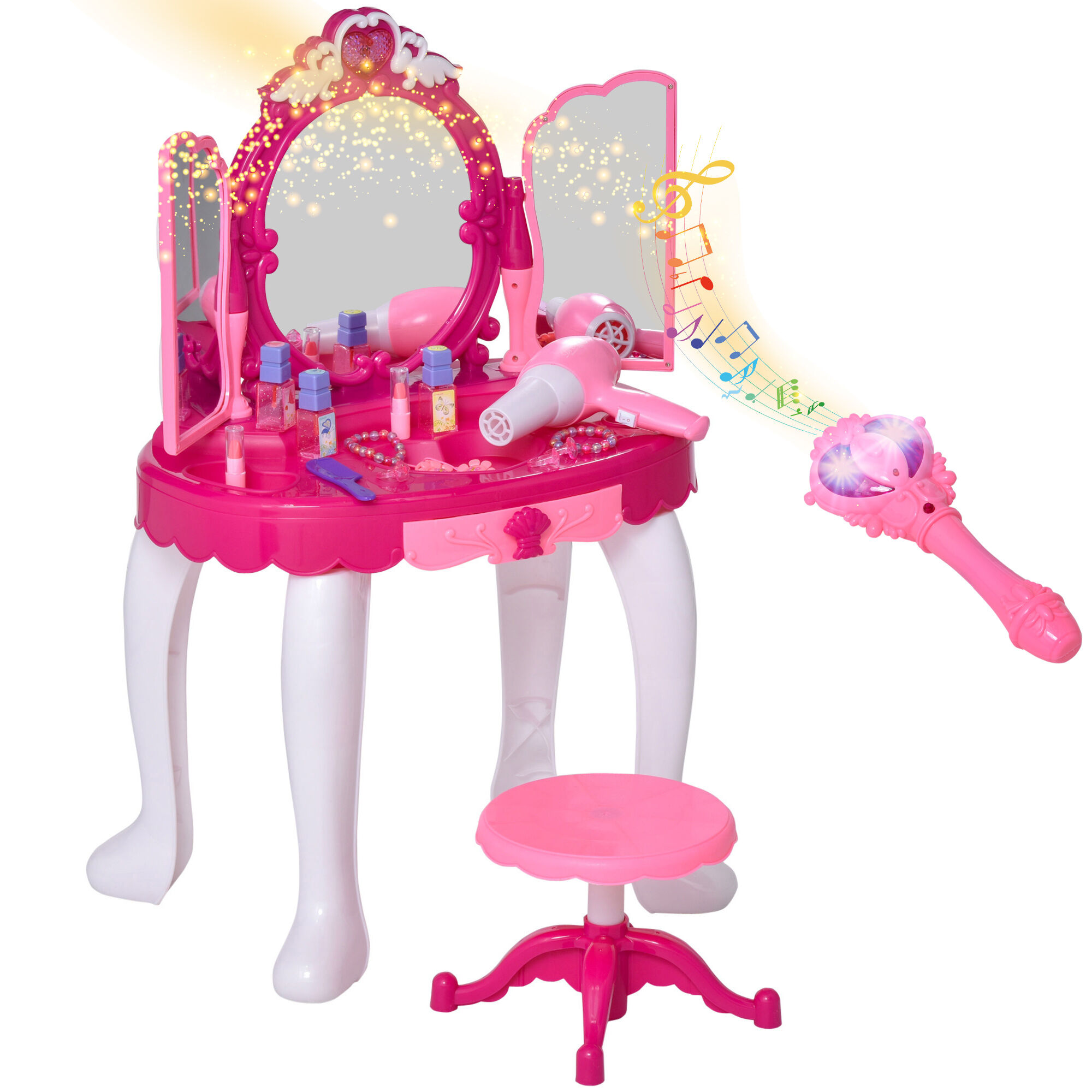 Homcom Toeletta bambina Postazione trucco bambina 3-6 Anni con specchio e gioglielliere Bastone Magico Telecomando, 45x30.5x72cm Aosom.it