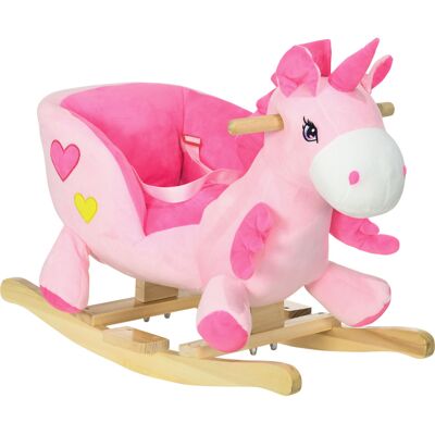 Cavallo a Dondolo Unicorno HOMCOM - Peluche morbido, base in legno Cavallo a Dondolo Unicorno HOMCOM - Peluche morbido, base in legno