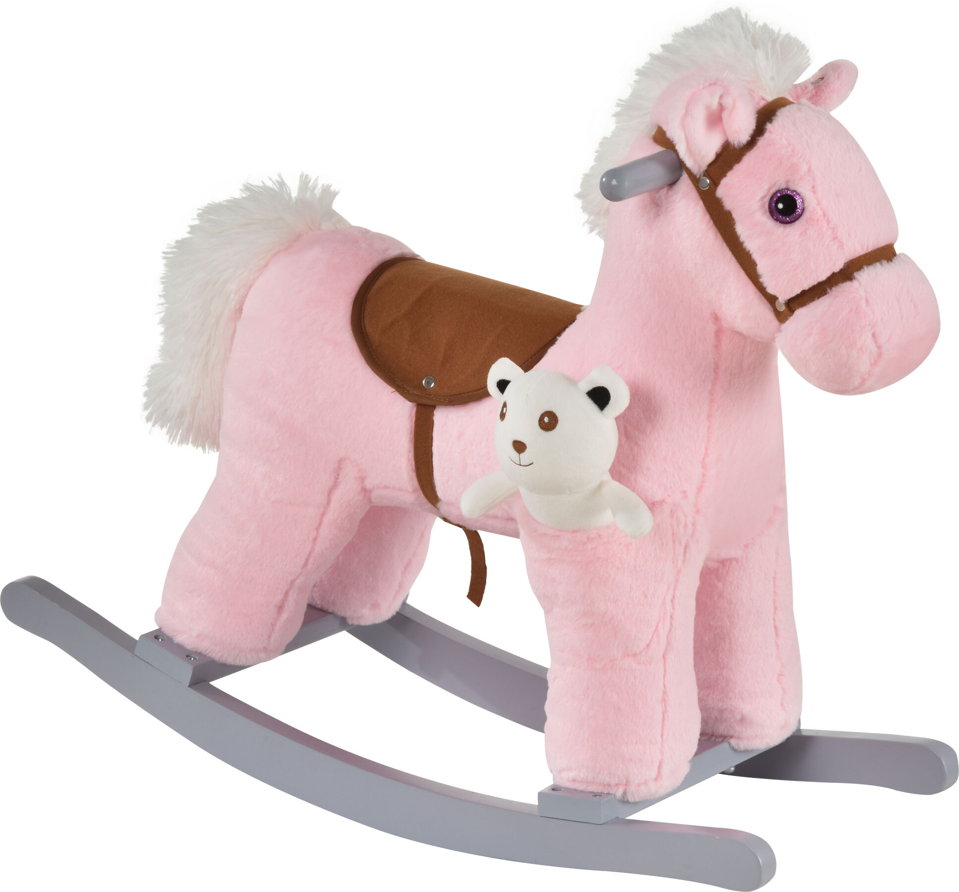 Homcom Cavallo a Dondolo in Peluche e Legno per Bimbi con Suoni e Orsetto Incluso, Giocattoli Cavalcabili per bimbi18-36 Mesi, 65x26x55cm, Rosa