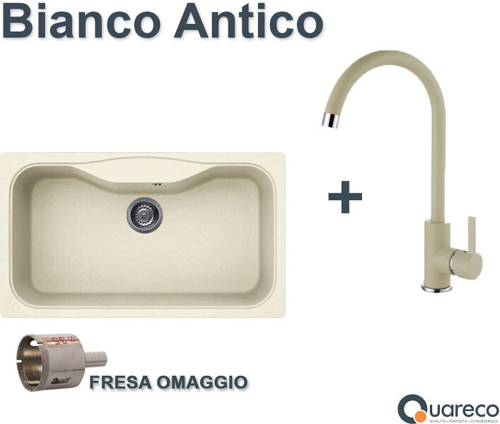 Elleci Lavello Fox 360 86x50 Bianco Antico Granitek + Miscelatore cucina a canna monocomando Bianco Antico Granitek