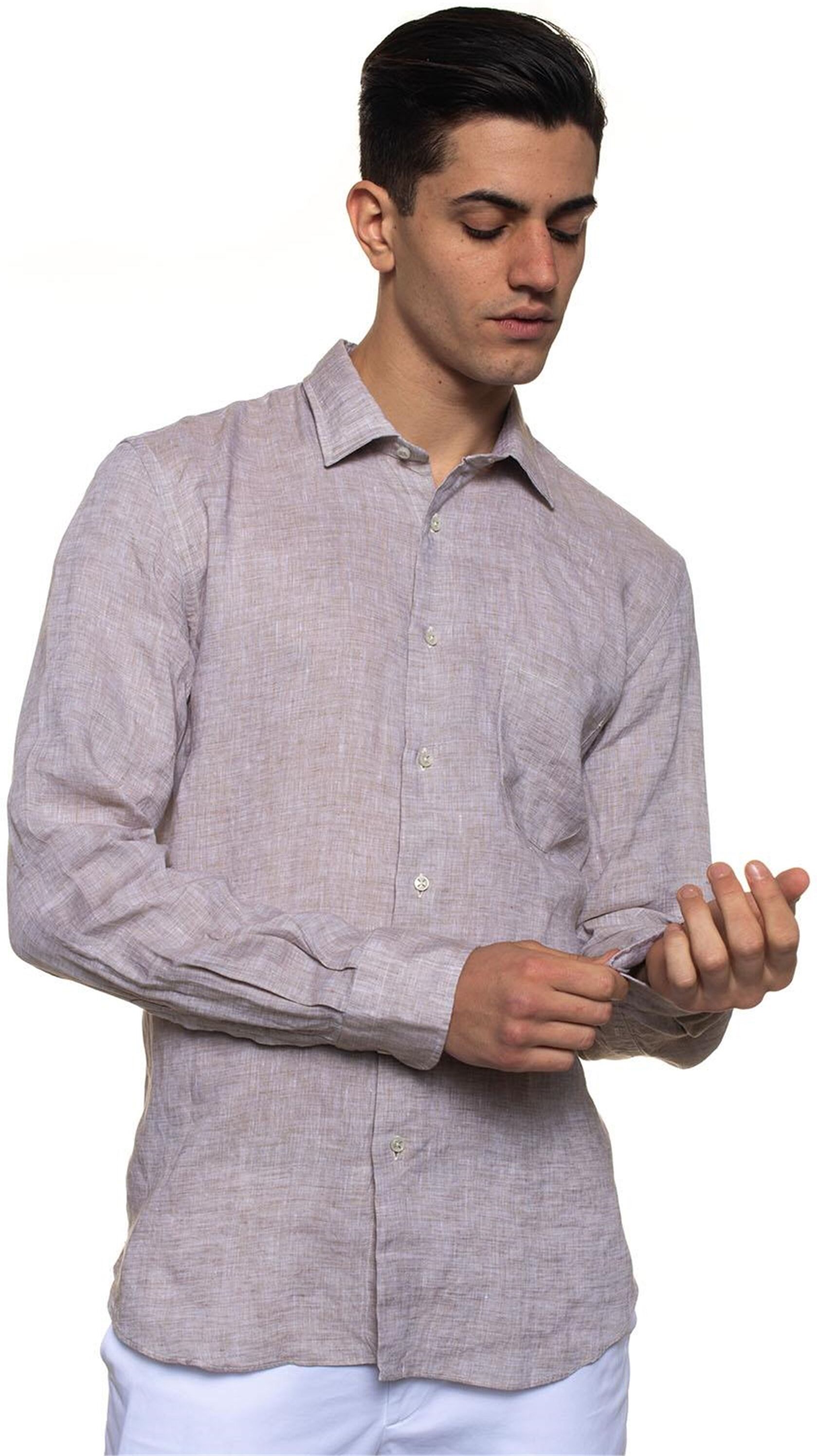 Vincenzo De Lauziers Camicia lino manica lunga Beige Uomo 3XL