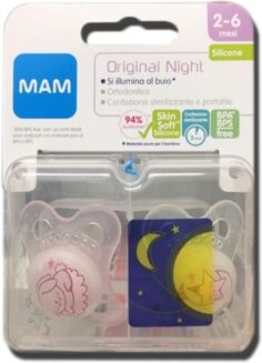 Mam Linea Bimbo Succhietto Original Night 2-6 mesi Silikon Seta 2 Pezzi