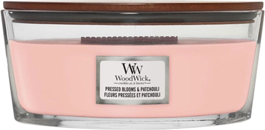 WOODWICK Pressed Blooms & Patchouli Candele in Vetro Ellipse 454 gr