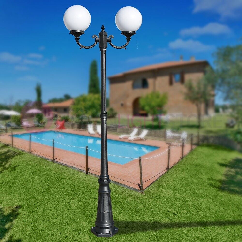 LIBERTI LAMP linea GARDEN Orione Antracite Lampione A 2 Luci Per Esterno Giardino Con Sfere Globi Policarbonato D.25 Gardenlight