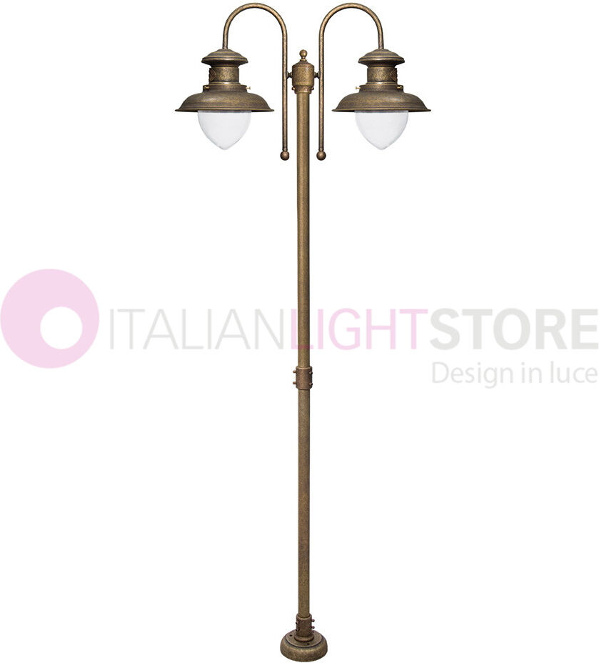 Iris Luce Navy Lampione Da Esterno A 2 Luci In Ottone Anticato Stile Nautico H. 210 Cm