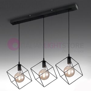 Iris Luce Nury Sospensione A 3 Luci Lineare Gabbie Cubo In Metallo Nero L. 16 Stile Vintage Industriale