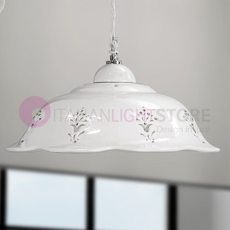 Ceramiche Borso Corolla Lampadario Sospensione D.36 In Ceramica Bianca Con Cristalli