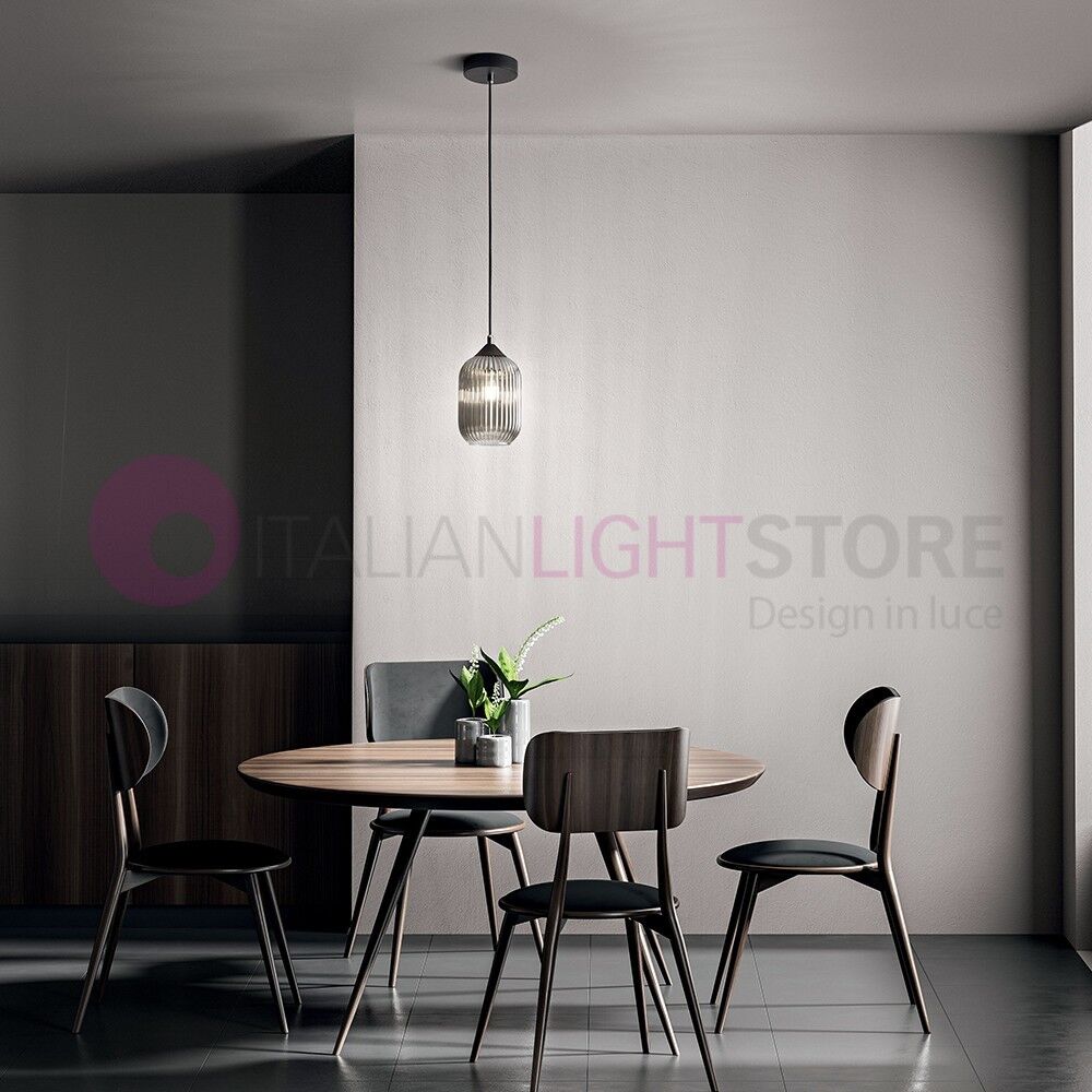 Fabas Luce Aston Sospensione In Vetro Soffiato Rigato Stile Industriale Moderno