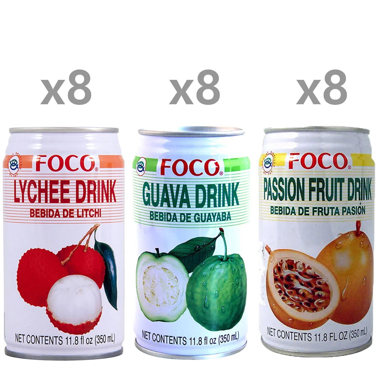 Foco 24 lattine miste da 350 ml: 8 Foco Lychees Juice - 8 Foco Guava Juice - 8 Foco Passion Fruit