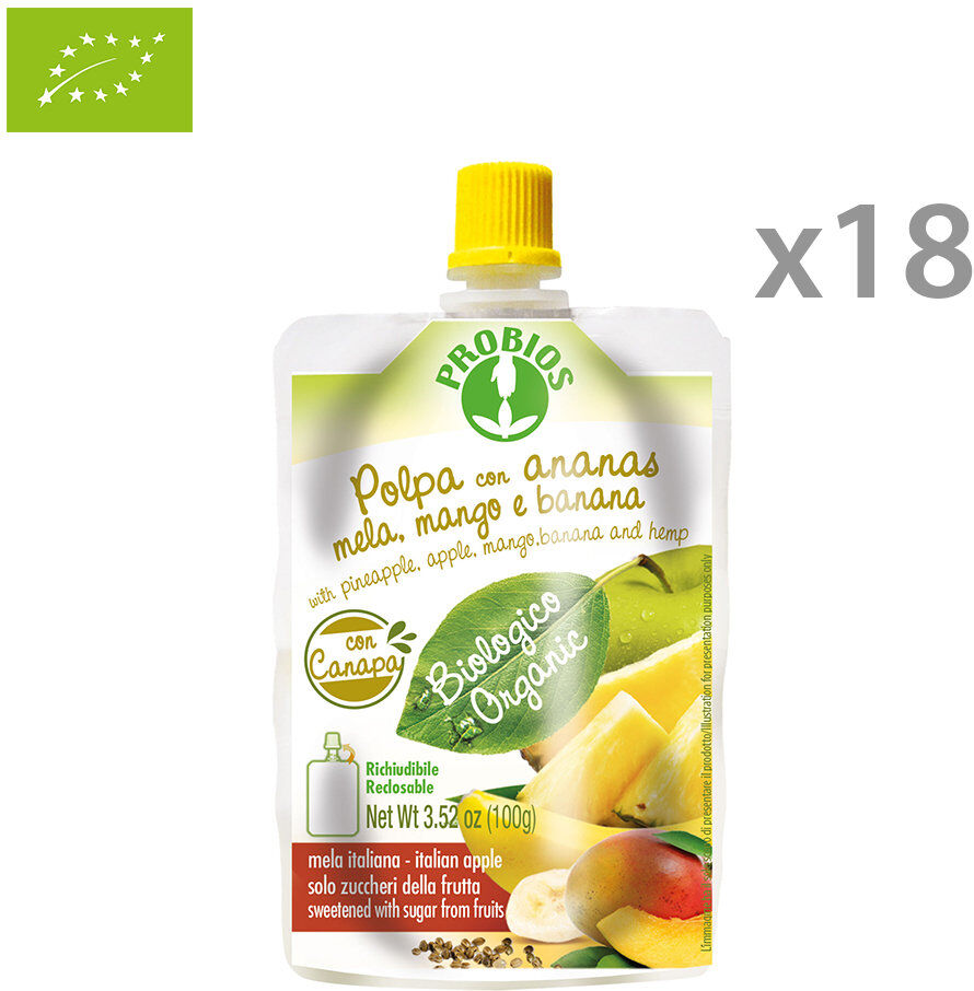 Probios 18 confezioni doypack 100 gr - Polpa con Ananas Mela Mango Banana Canapa Probios 18 confezioni doypack 100 gr - Polpa con Ananas Mela Mango Banana Canapa