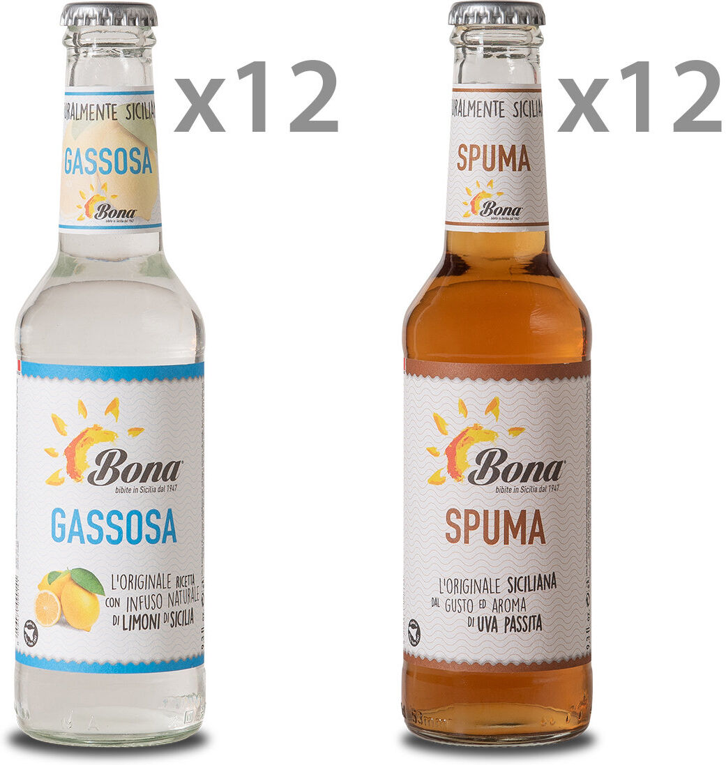 Bona 24 bottiglie miste: 12 gassosa 275 ml - 12 spuma 275 ml Bona 24 bottiglie miste: 12 gassosa 275 ml - 12 spuma 275 ml