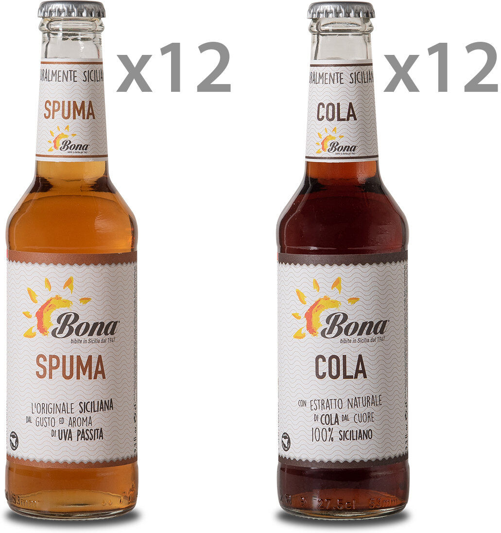 Bona 24 bottiglie miste: 12 spuma 275 ml - 12 cola 275 ml Bona 24 bottiglie miste: 12 spuma 275 ml - 12 cola 275 ml