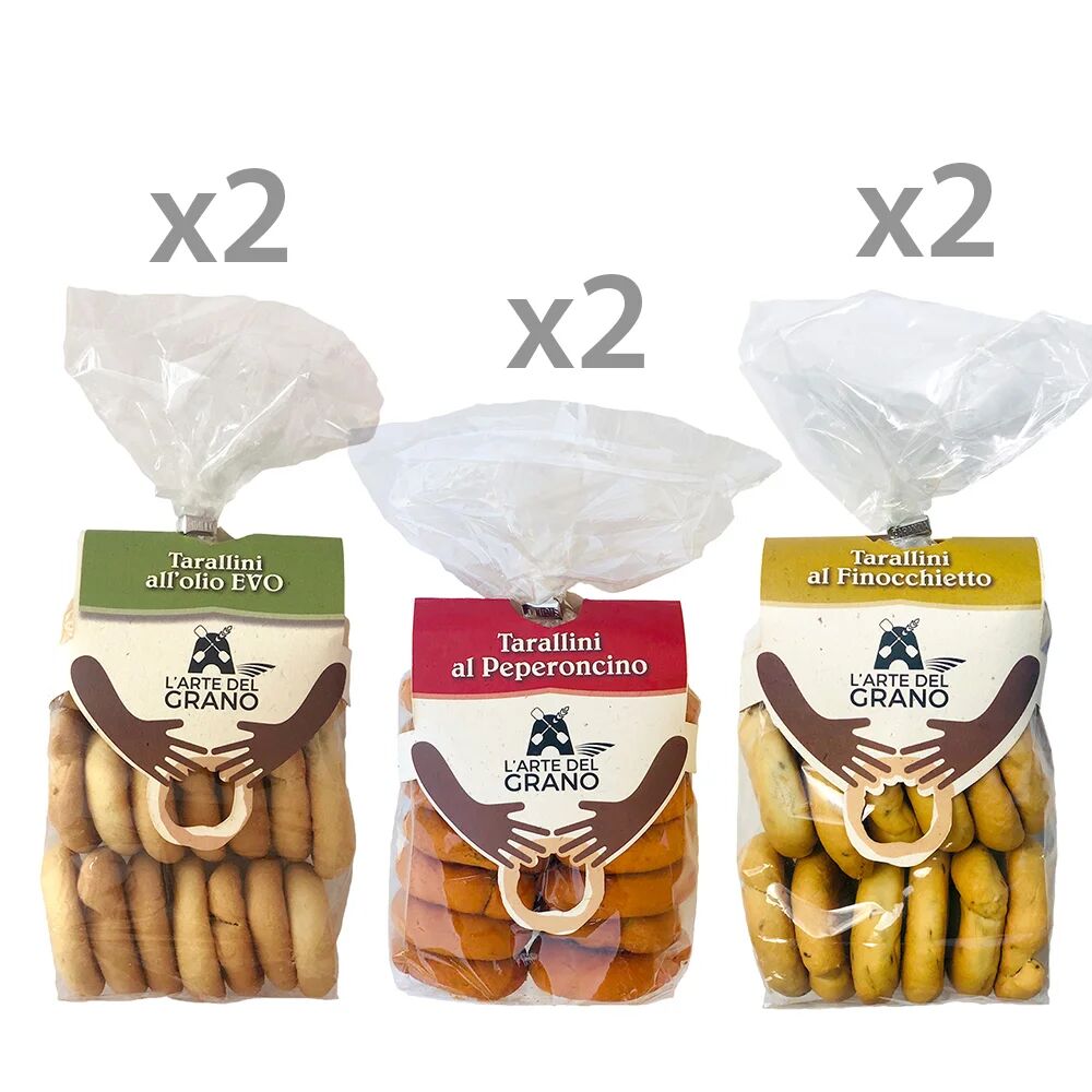 l'arte del grano 6 confezioni di tarallini miste da 300 gr: 2 olio evo - 2 peperoncino - 2 finocchietto