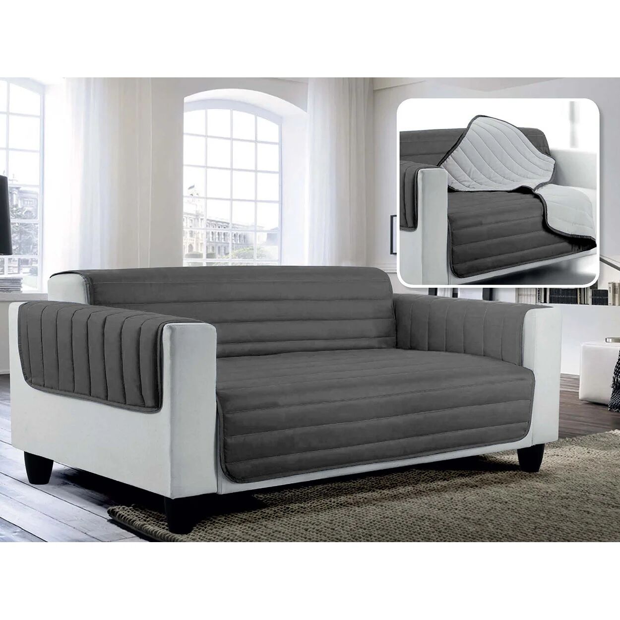 Arreda il tuo divano Copridivano trapuntato in microfibra anallergica doubleface ELEGANT, grigio chiaro / grigio scuro